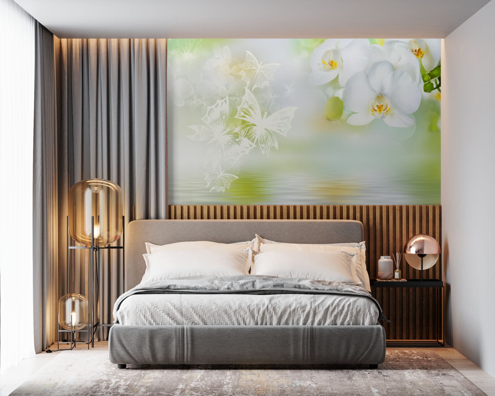 Fotobehang Sneeuwwitte orchideeën weerspiegeld in het water