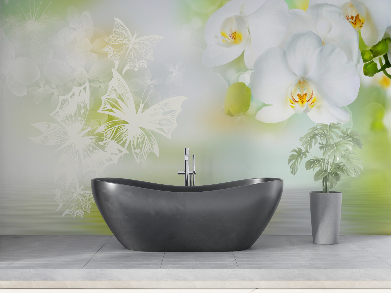 Fotobehang Sneeuwwitte orchideeën weerspiegeld in het water