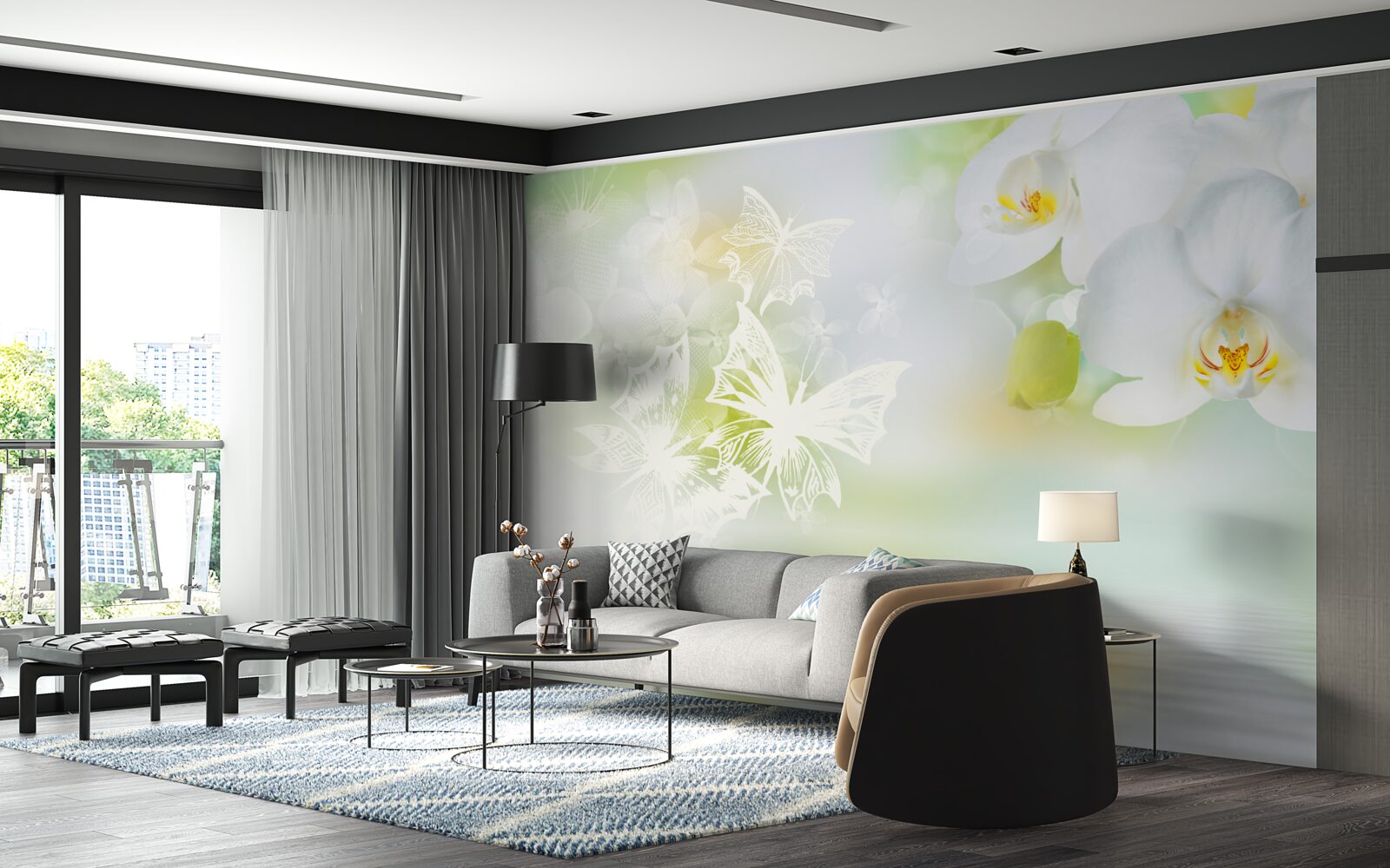 Fotobehang Sneeuwwitte orchideeën weerspiegeld in het water