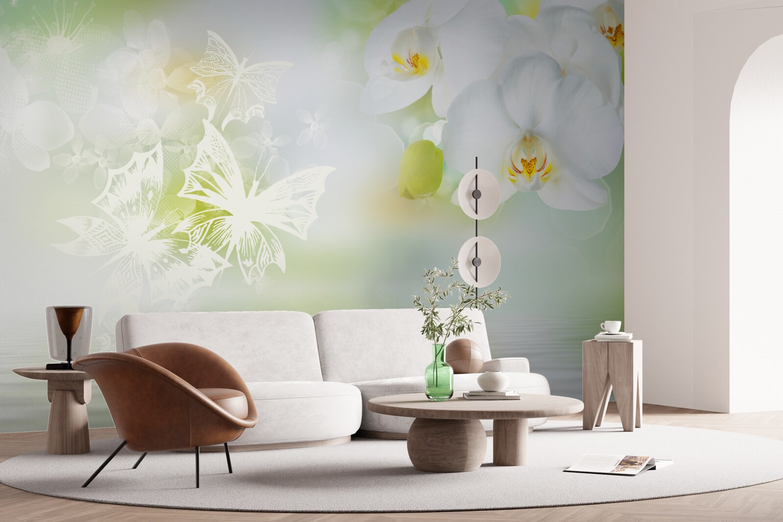 Fotobehang Sneeuwwitte orchideeën weerspiegeld in het water