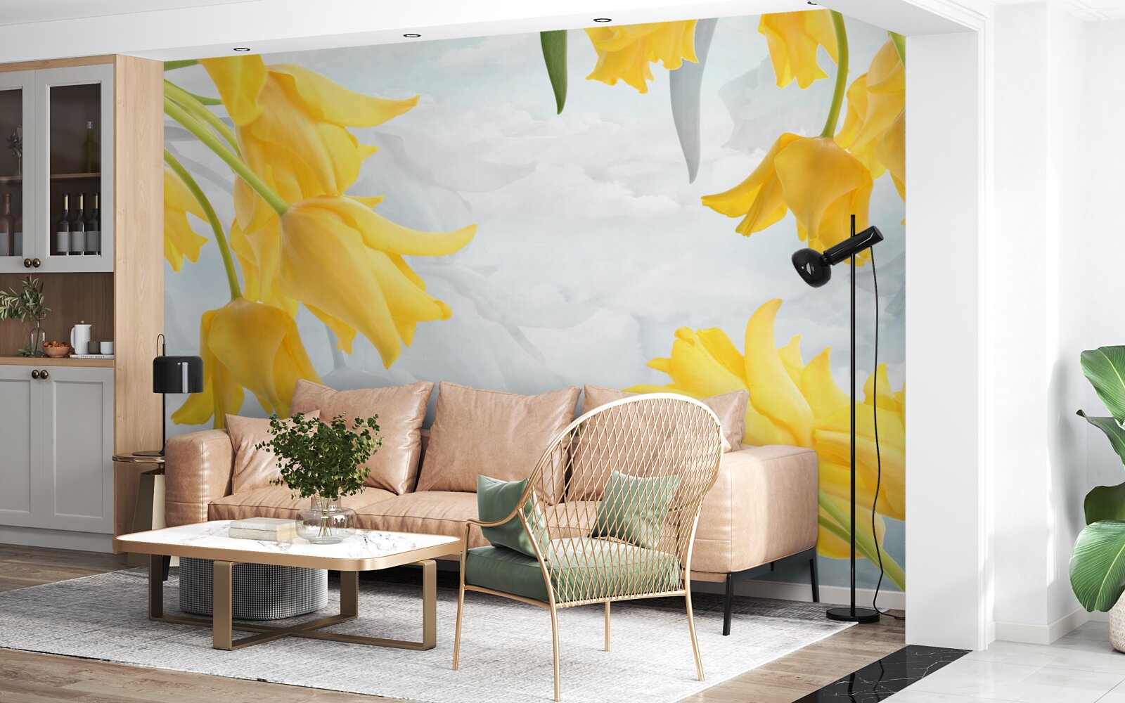 Fotobehang Gele tulpen tegen een blauwe lucht