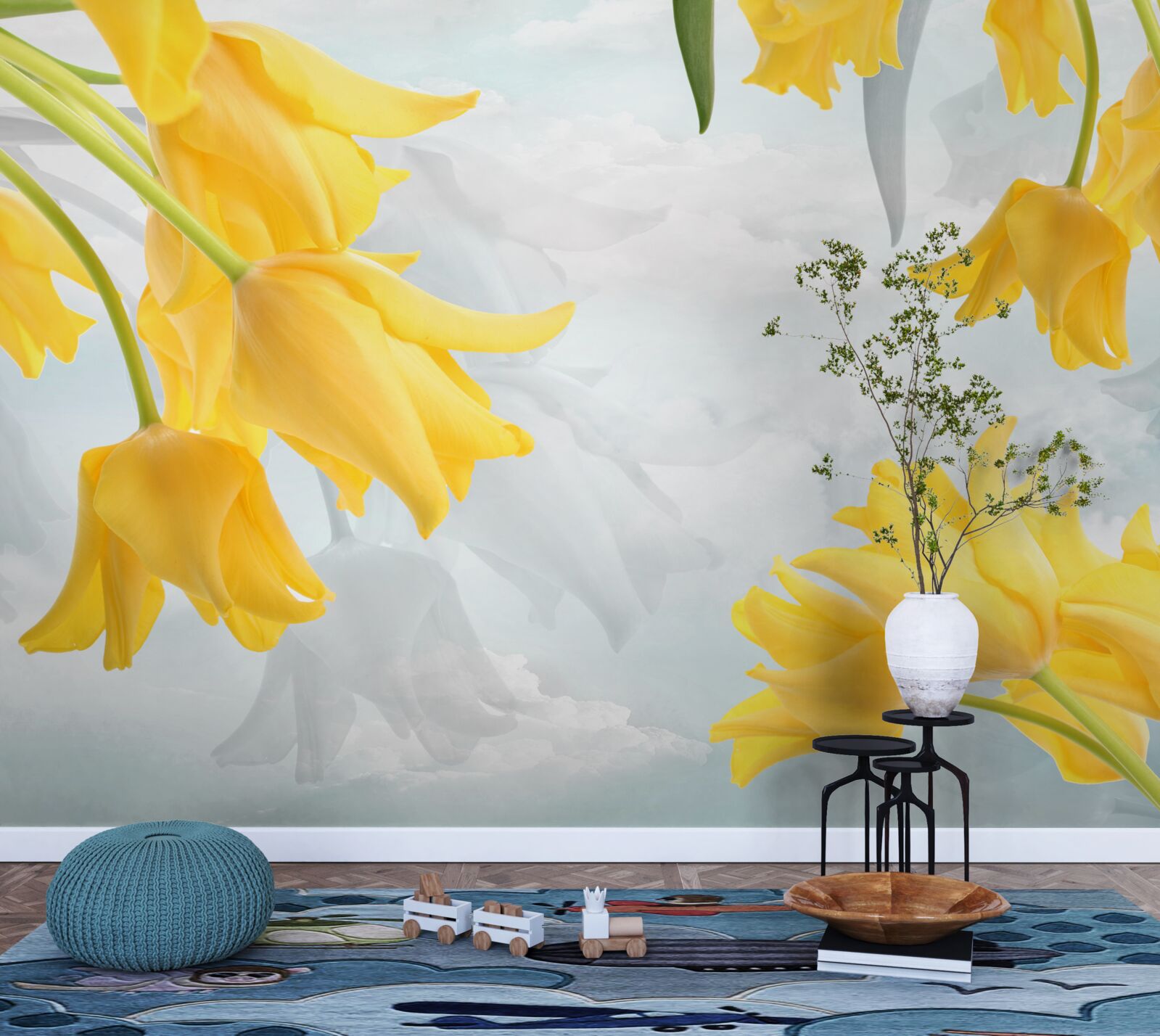 Fotobehang Gele tulpen tegen een blauwe lucht