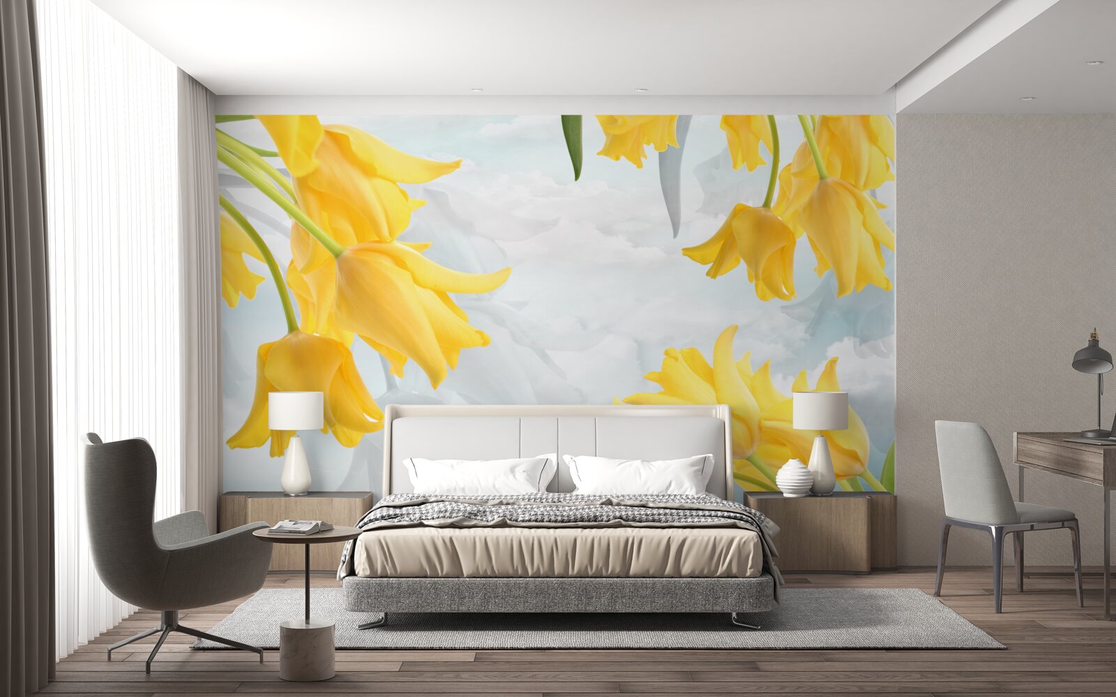 Fotobehang Gele tulpen tegen een blauwe lucht