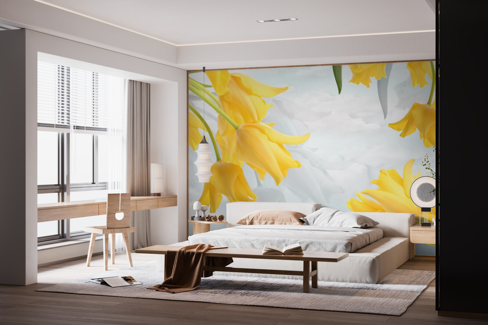 Fotobehang Gele tulpen tegen een blauwe lucht