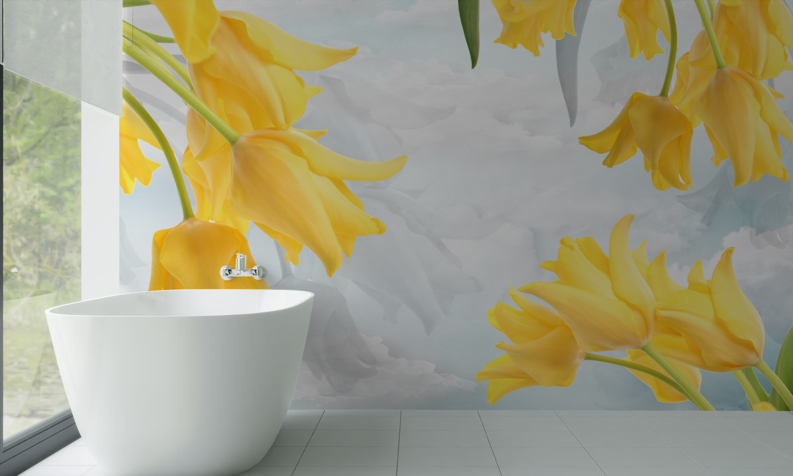 Fotobehang Gele tulpen tegen een blauwe lucht