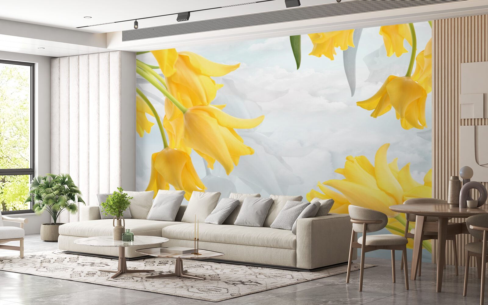 Fotobehang Gele tulpen tegen een blauwe lucht