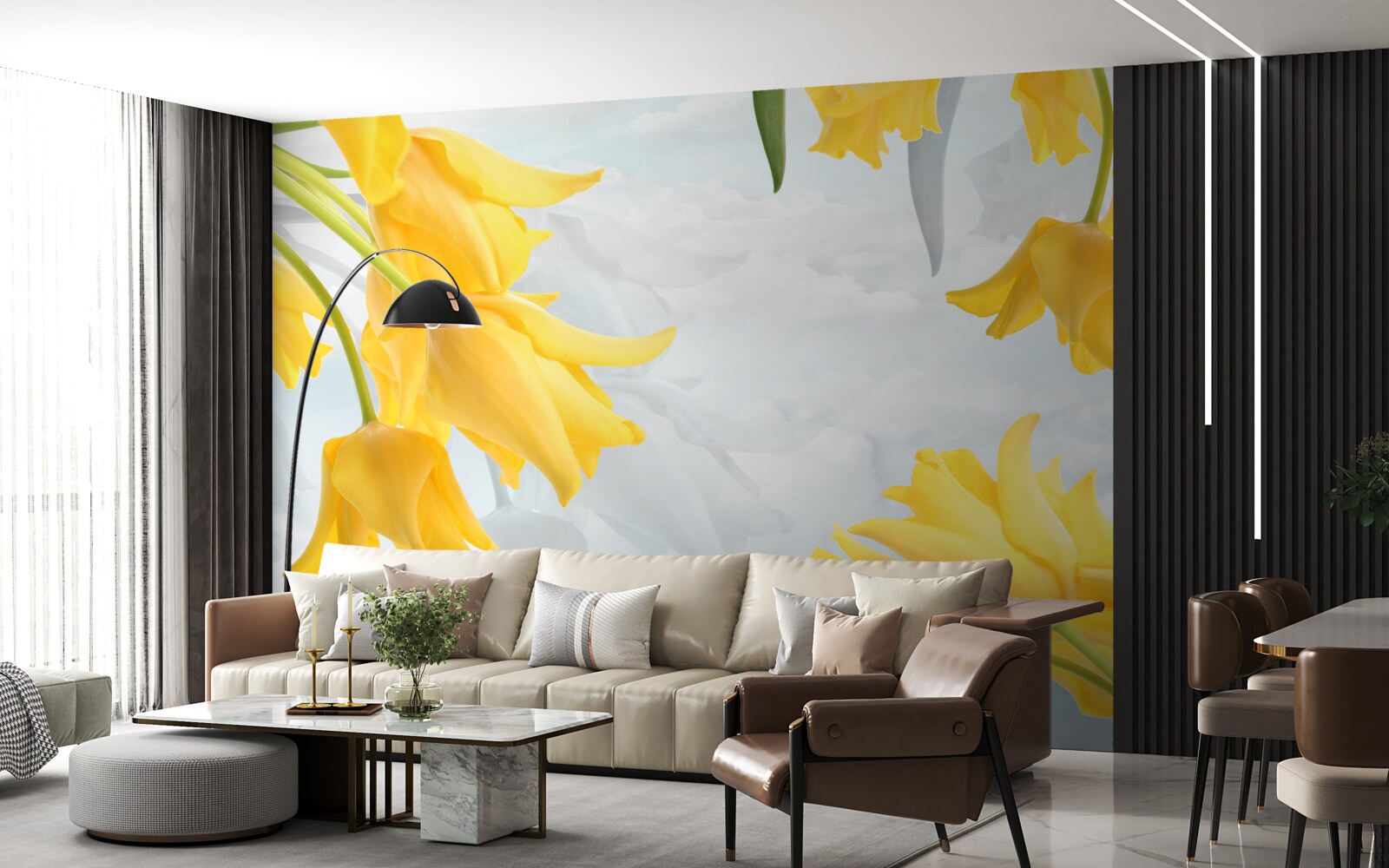 Fotobehang Gele tulpen tegen een blauwe lucht