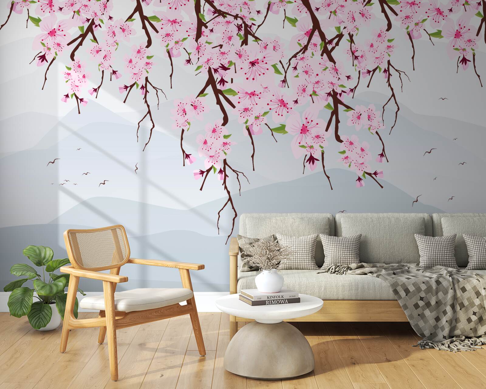 Fotobehang bloeiende sakura voor een landschap van bergen en water