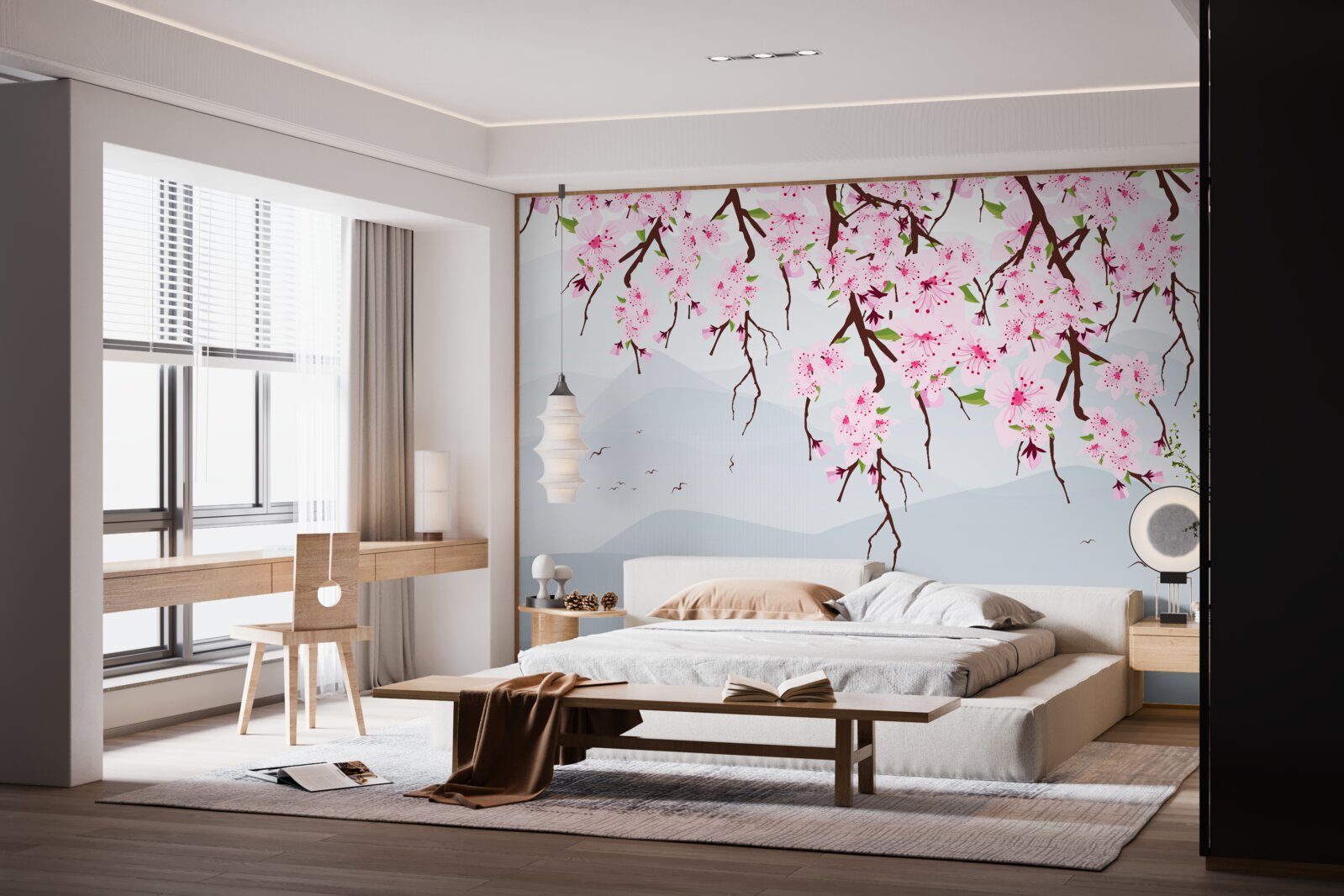 Fotobehang bloeiende sakura voor een landschap van bergen en water