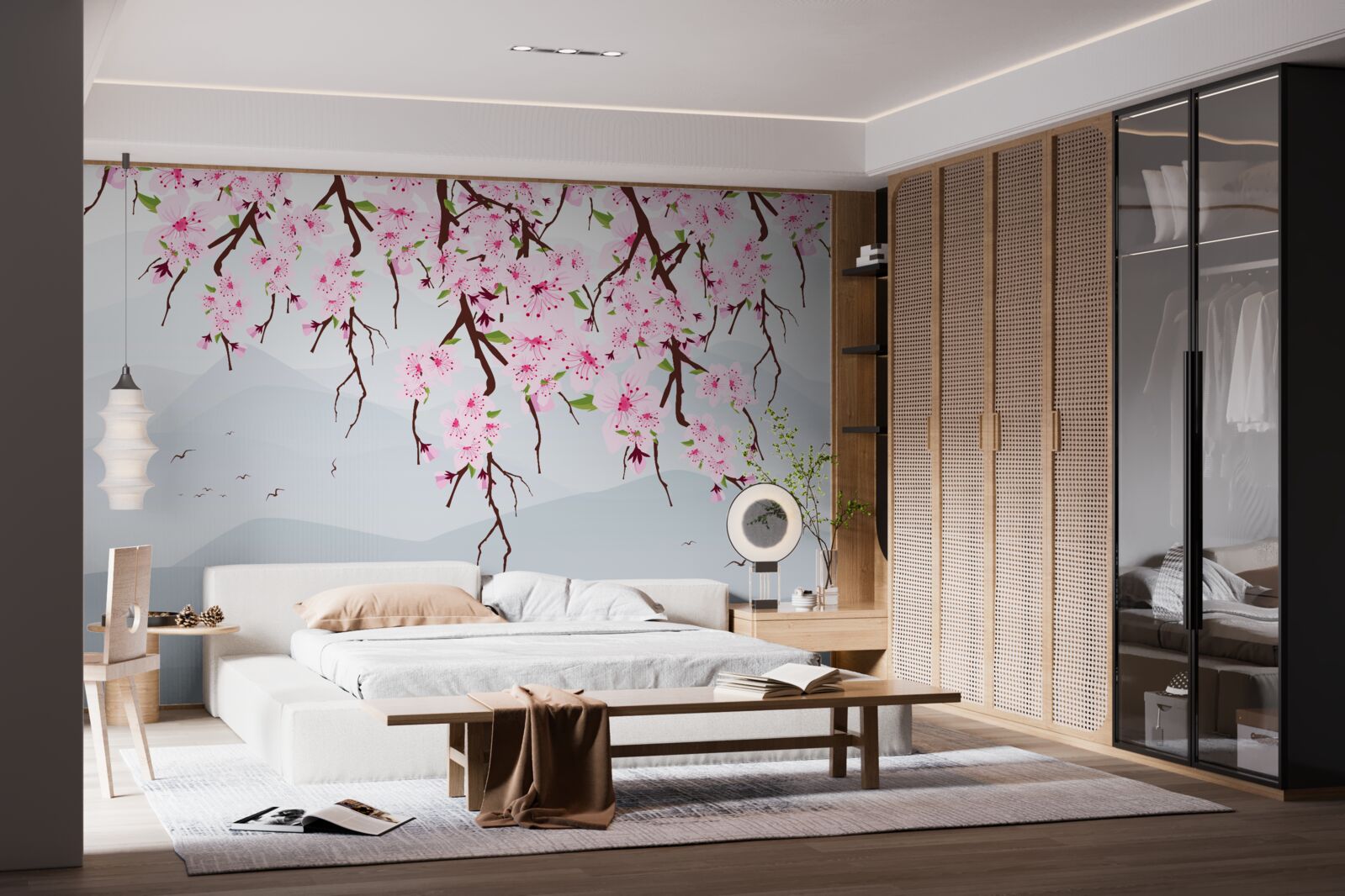 Fotobehang bloeiende sakura voor een landschap van bergen en water