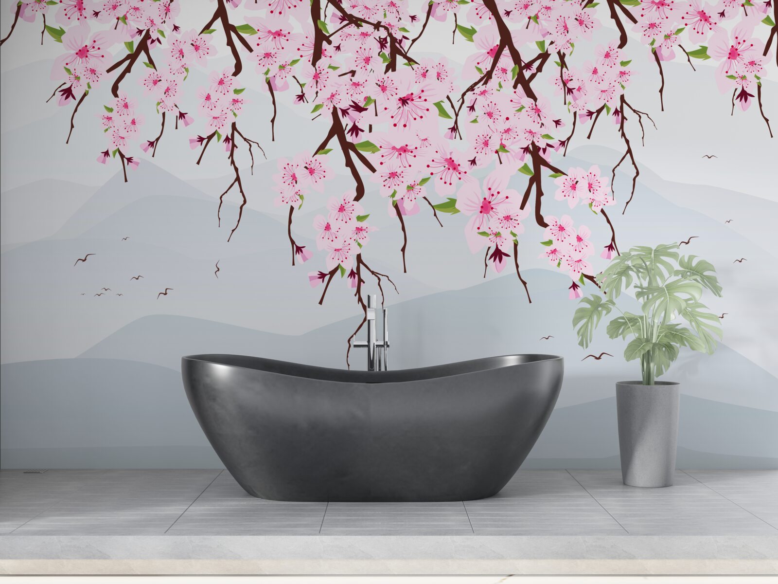 Fotobehang bloeiende sakura voor een landschap van bergen en water