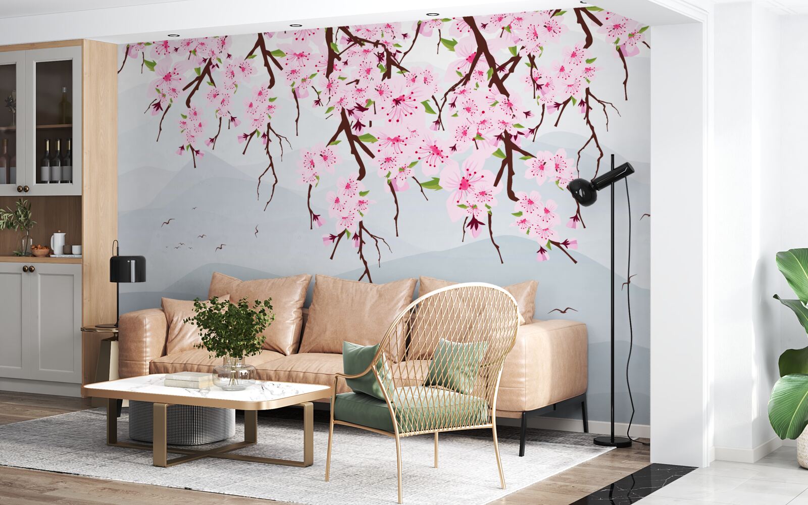 Fotobehang bloeiende sakura voor een landschap van bergen en water