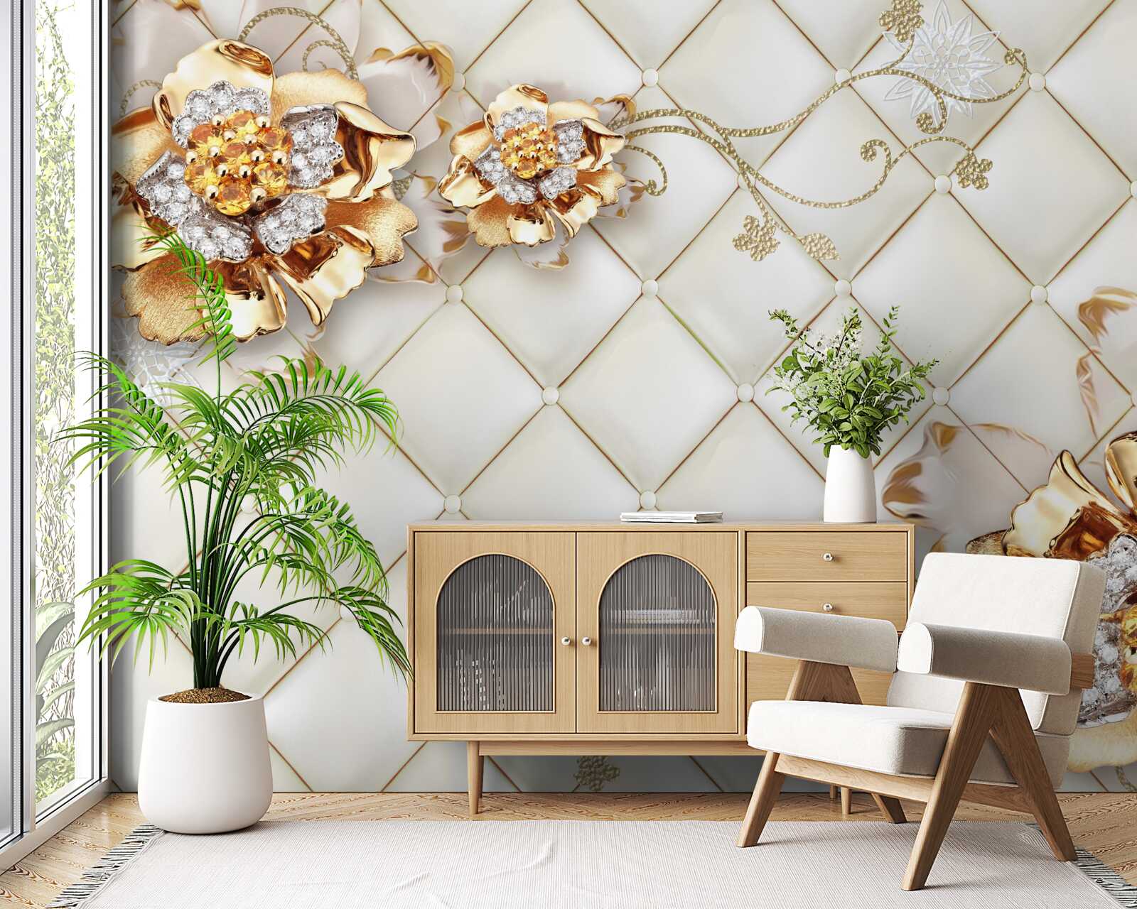 Fotobehang bloemknoppen met parels, die doen denken aan goud