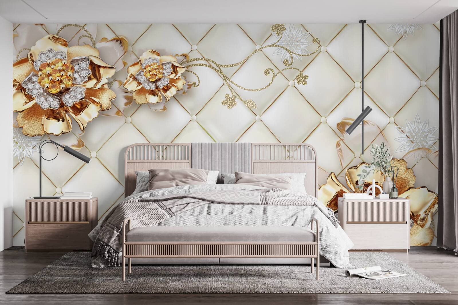 Fotobehang bloemknoppen met parels, die doen denken aan goud