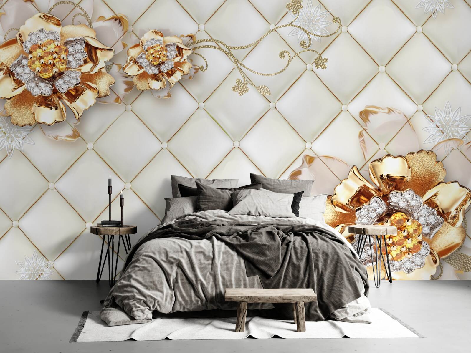 Fotobehang bloemknoppen met parels, die doen denken aan goud