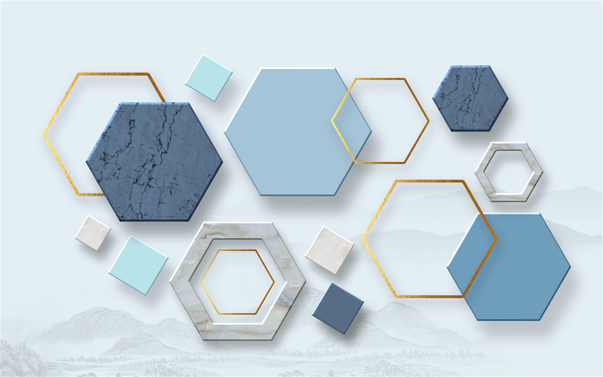 Fotobehang vijfhoekige vormen, geschilderd in blauwe tinten