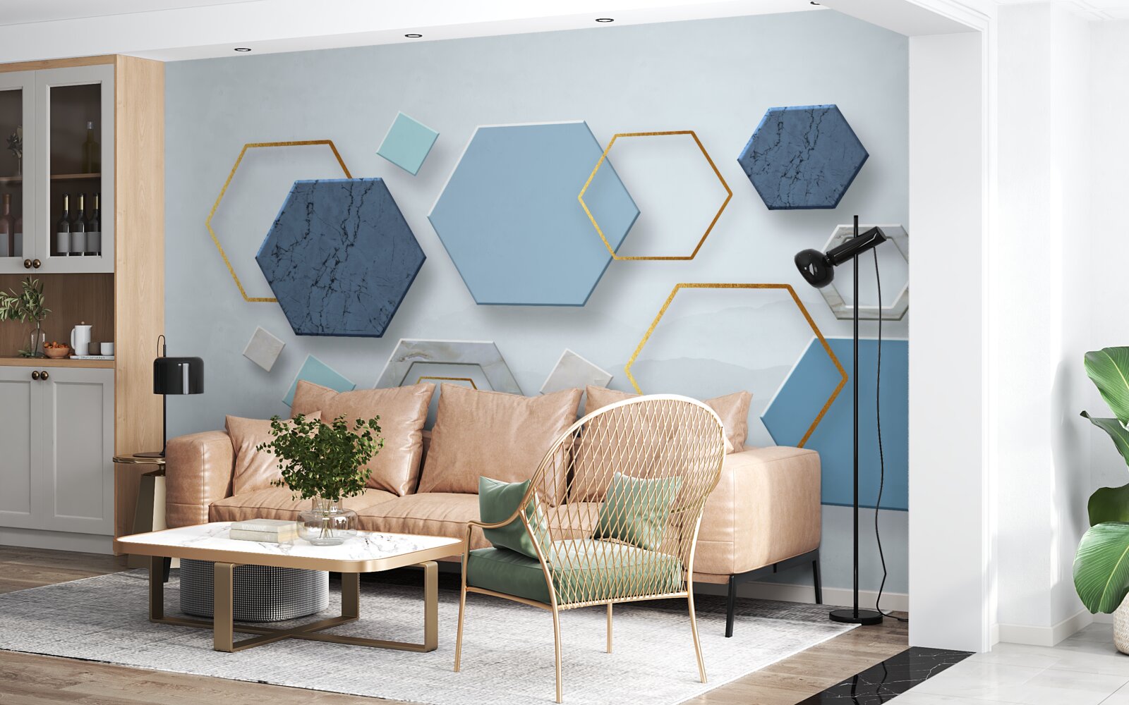 Fotobehang vijfhoekige vormen, geschilderd in blauwe tinten