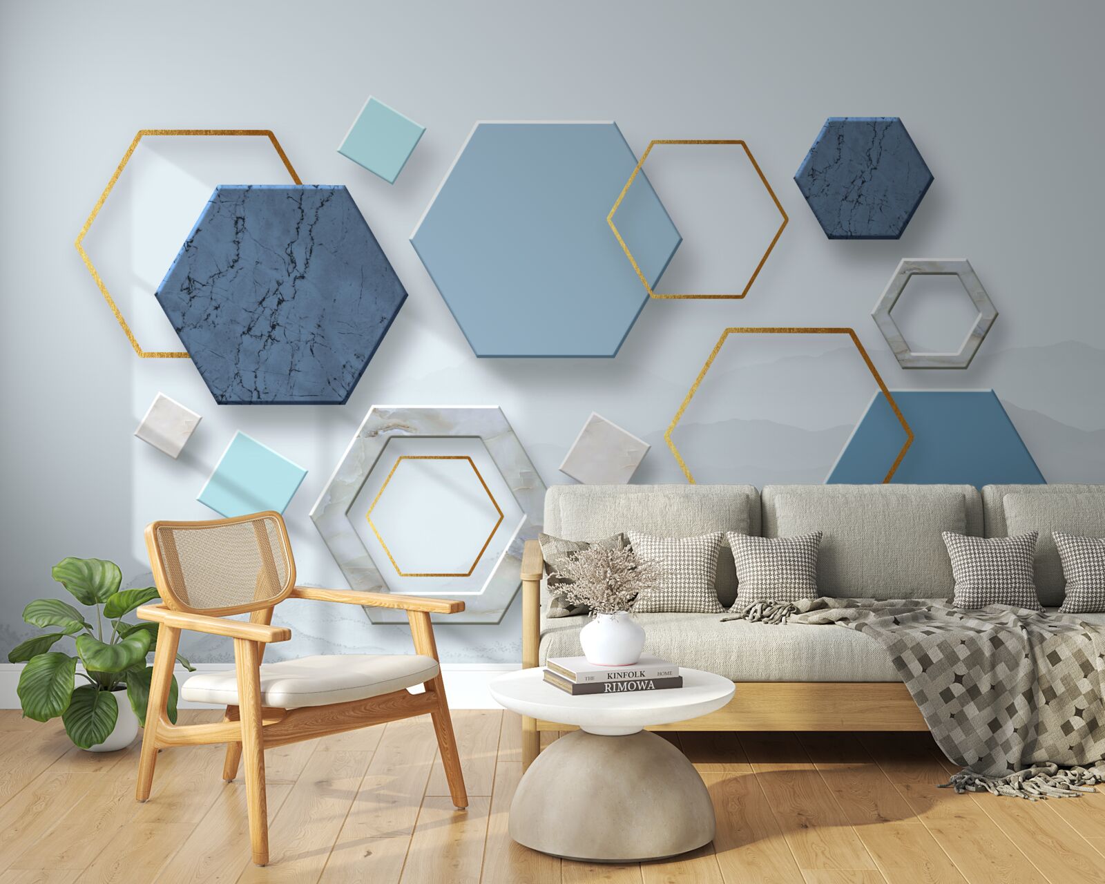 Fotobehang vijfhoekige vormen, geschilderd in blauwe tinten