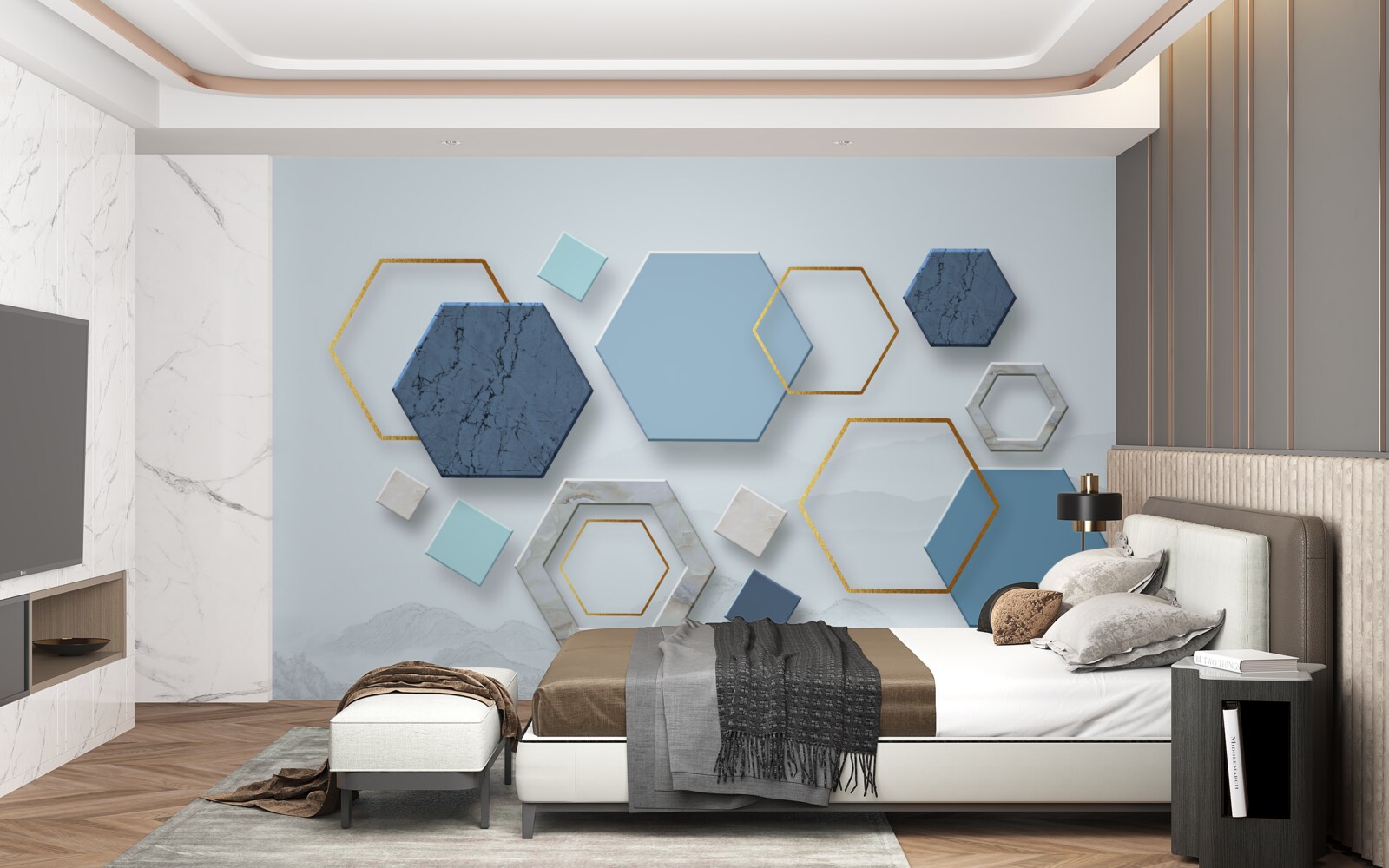 Fotobehang vijfhoekige vormen, geschilderd in blauwe tinten