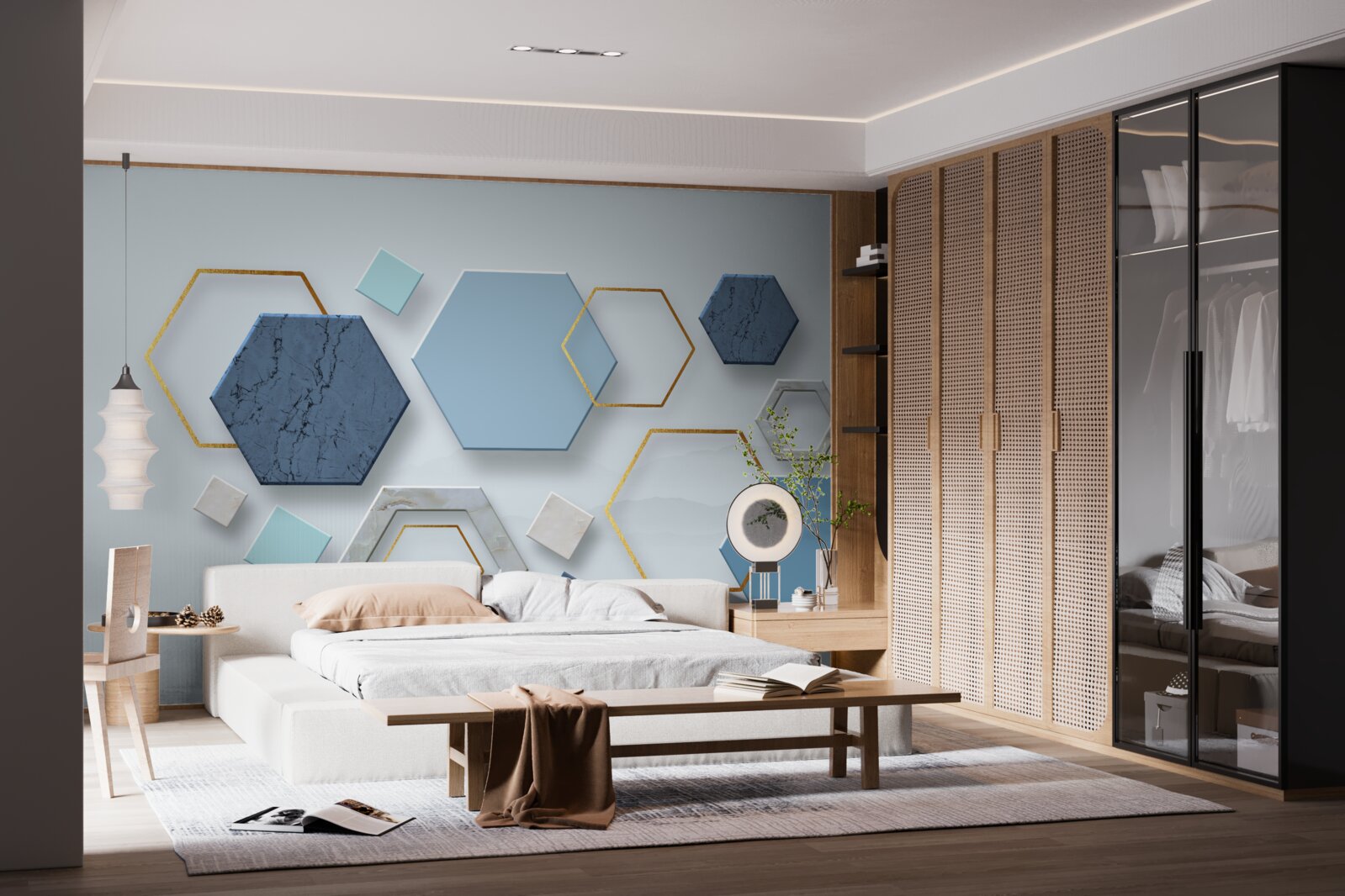 Fotobehang vijfhoekige vormen, geschilderd in blauwe tinten