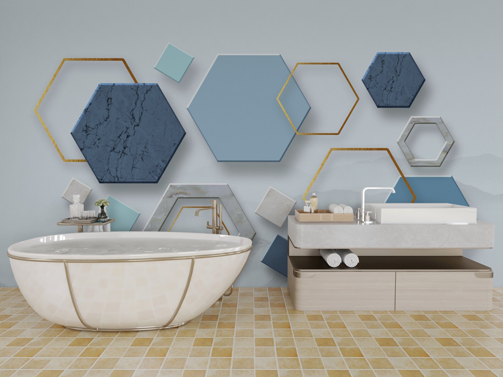 Fotobehang vijfhoekige vormen, geschilderd in blauwe tinten