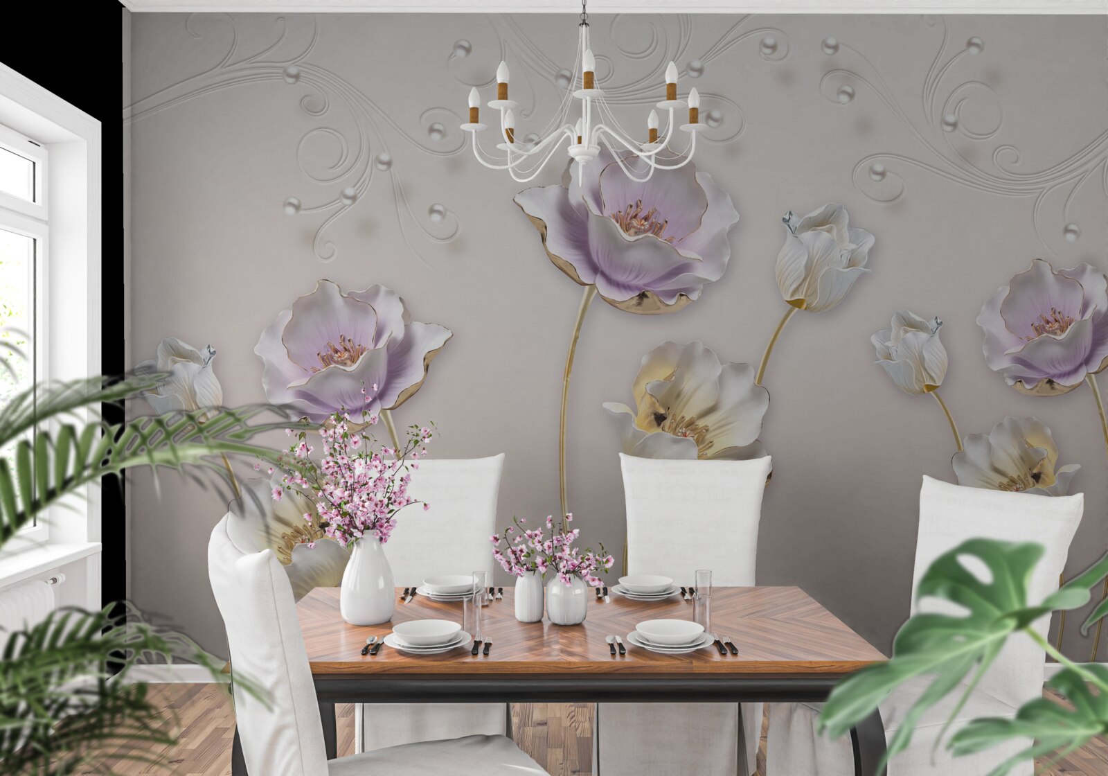 Fotobehang witte en blauwe sierlijke lotussen