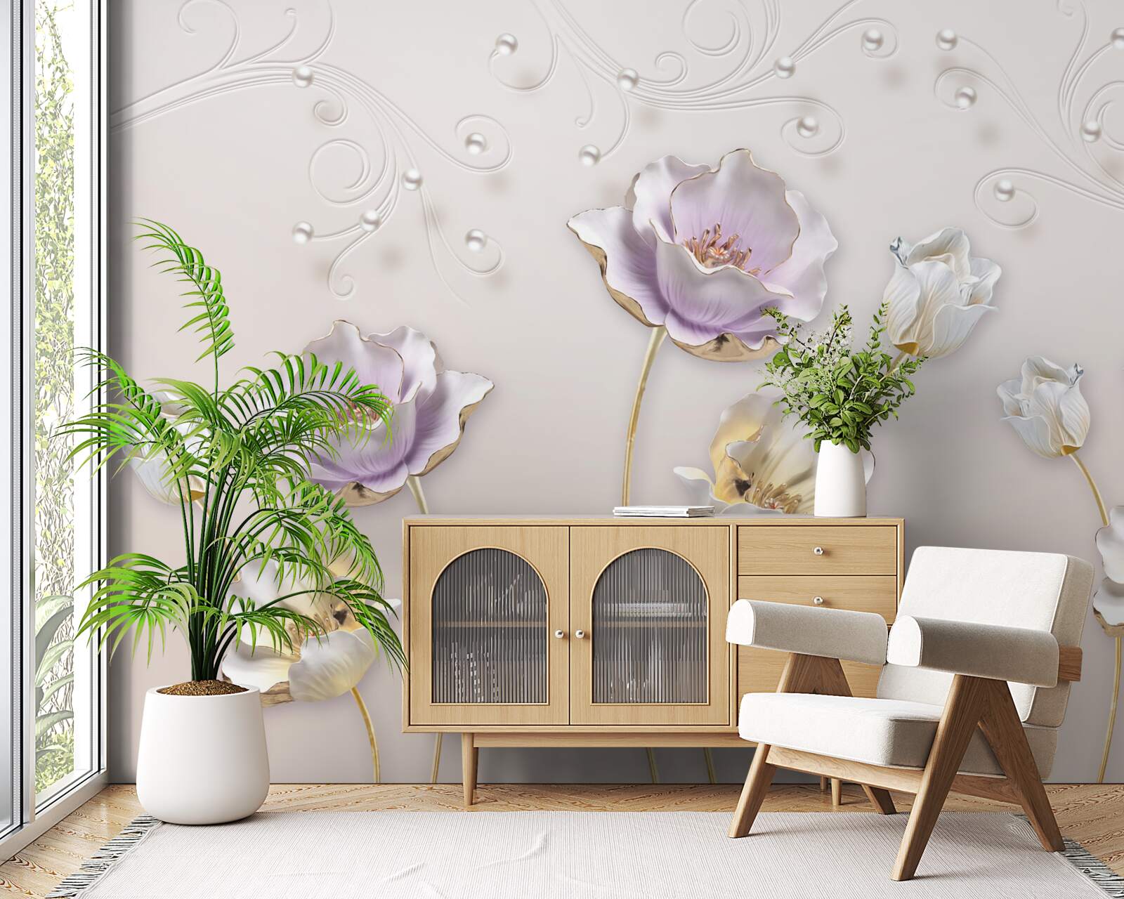 Fotobehang witte en blauwe sierlijke lotussen