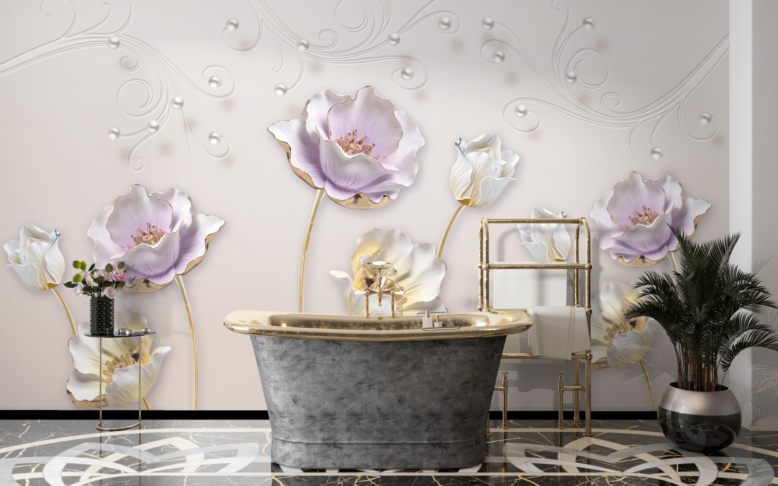 Fotobehang witte en blauwe sierlijke lotussen