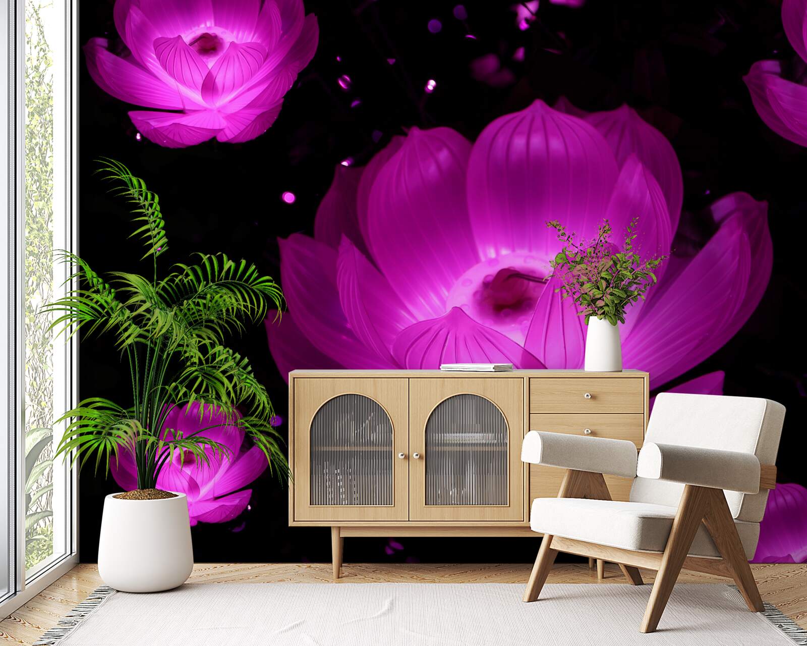 Fotobehang paarse bloemen in neonlicht