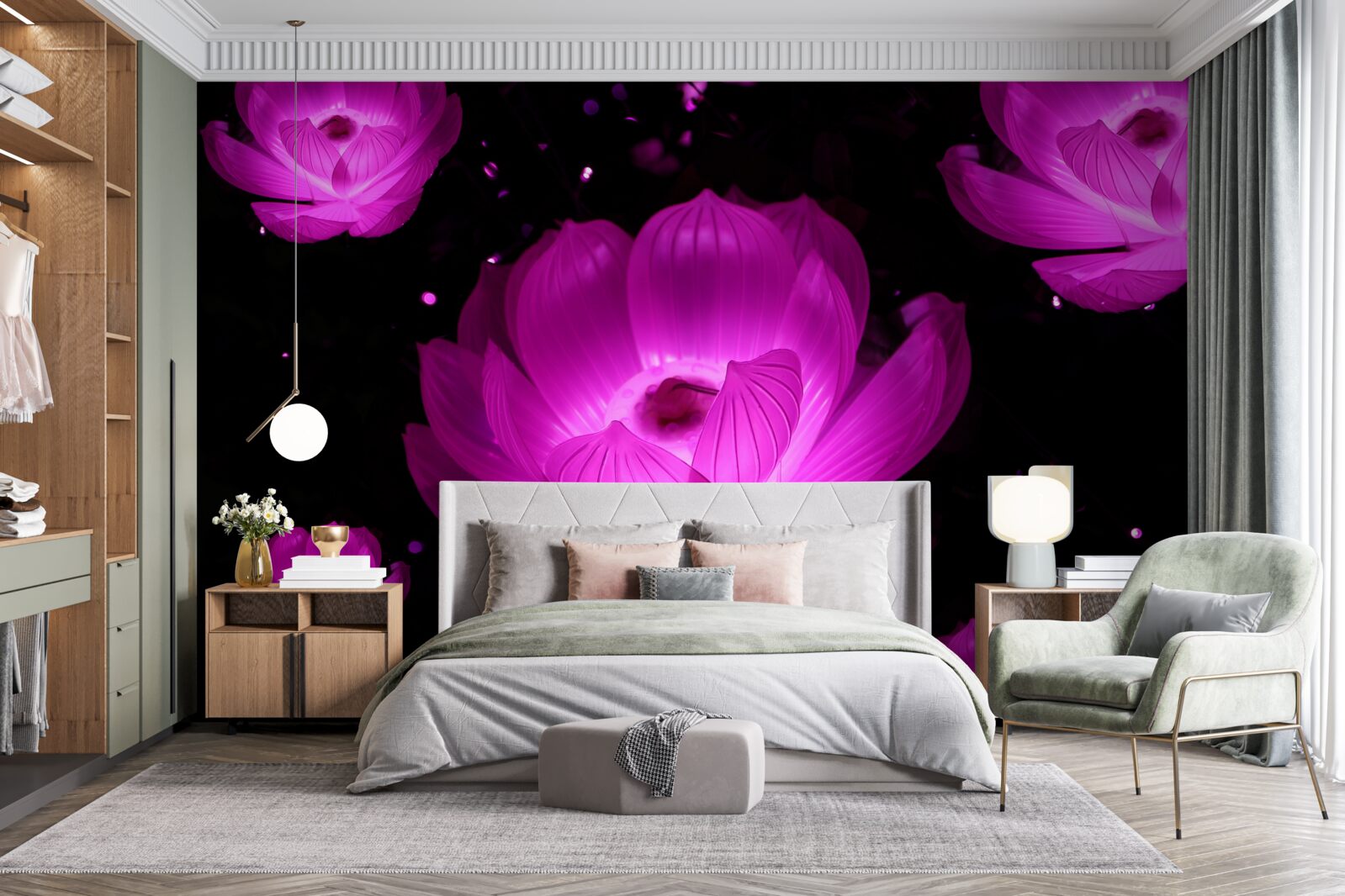 Fotobehang paarse bloemen in neonlicht