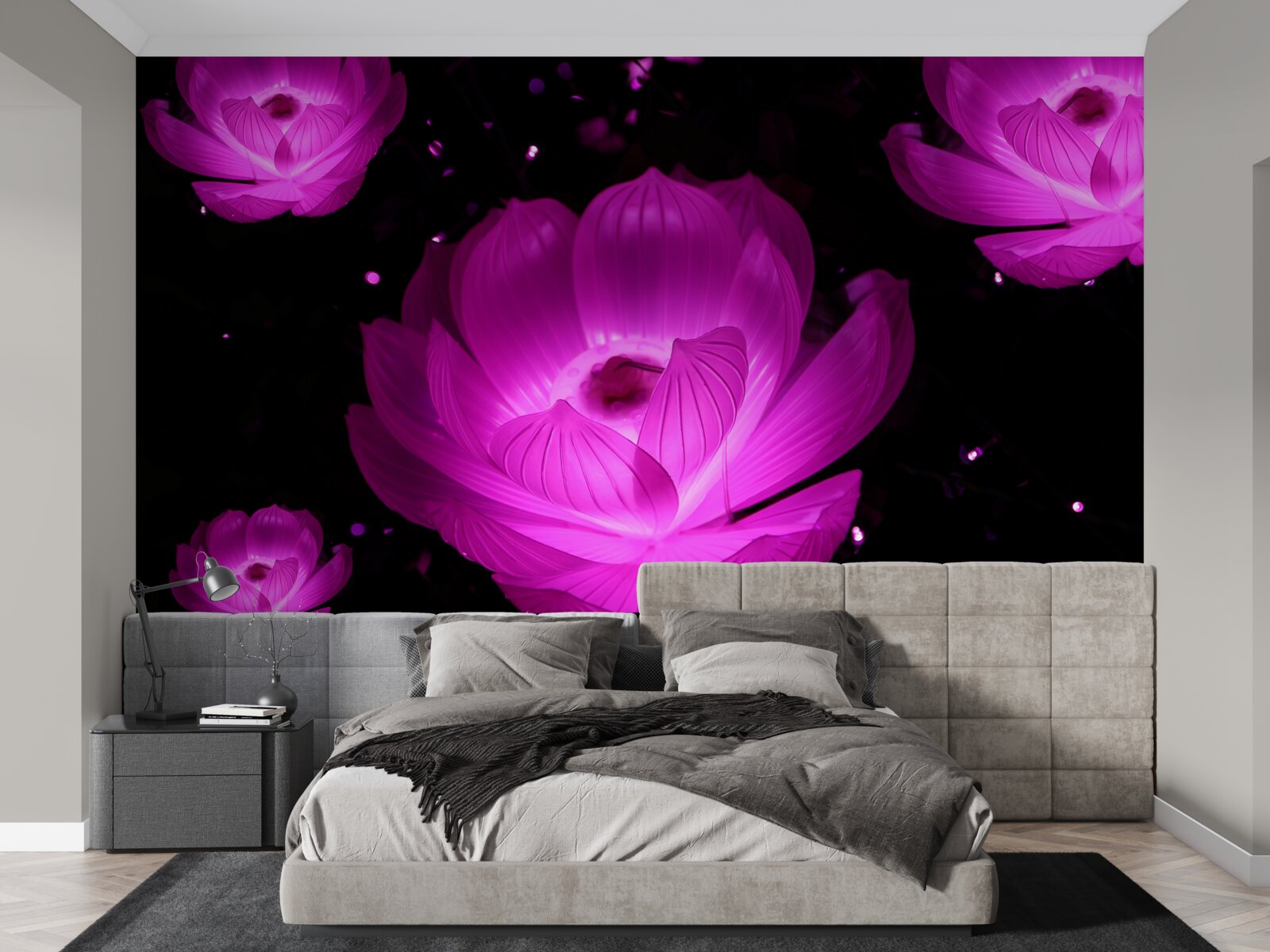 Fotobehang paarse bloemen in neonlicht