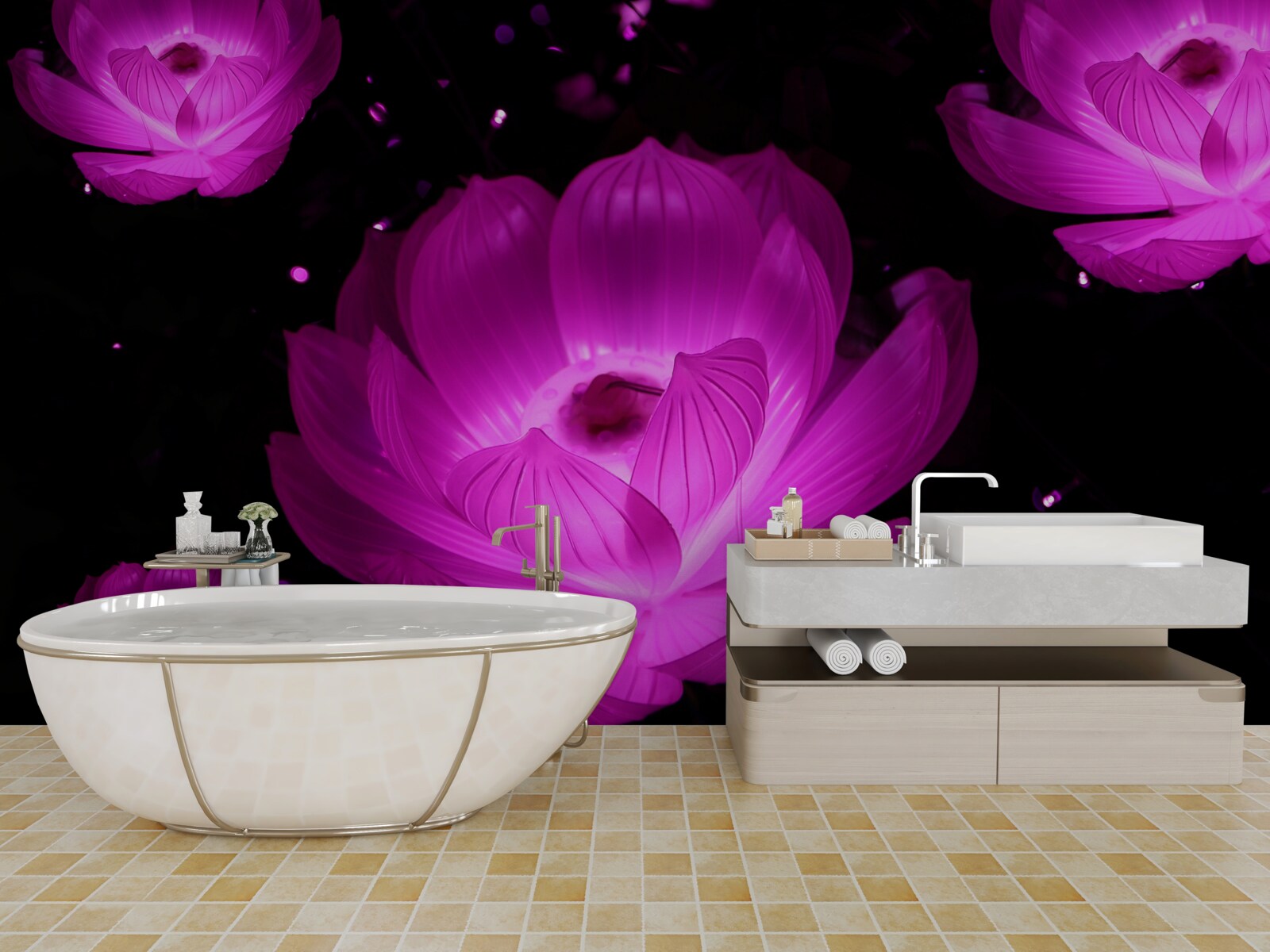 Fotobehang paarse bloemen in neonlicht