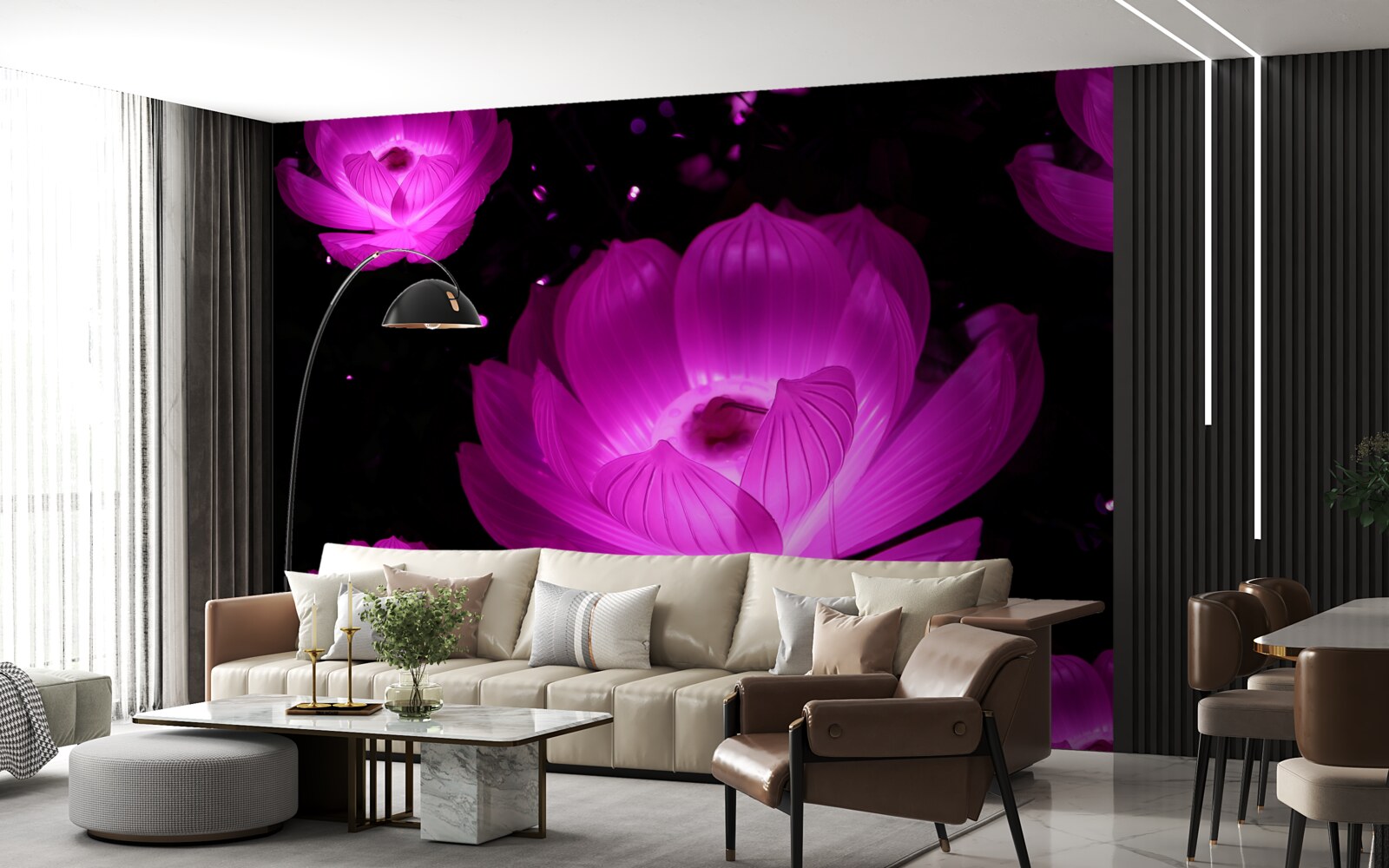 Fotobehang paarse bloemen in neonlicht