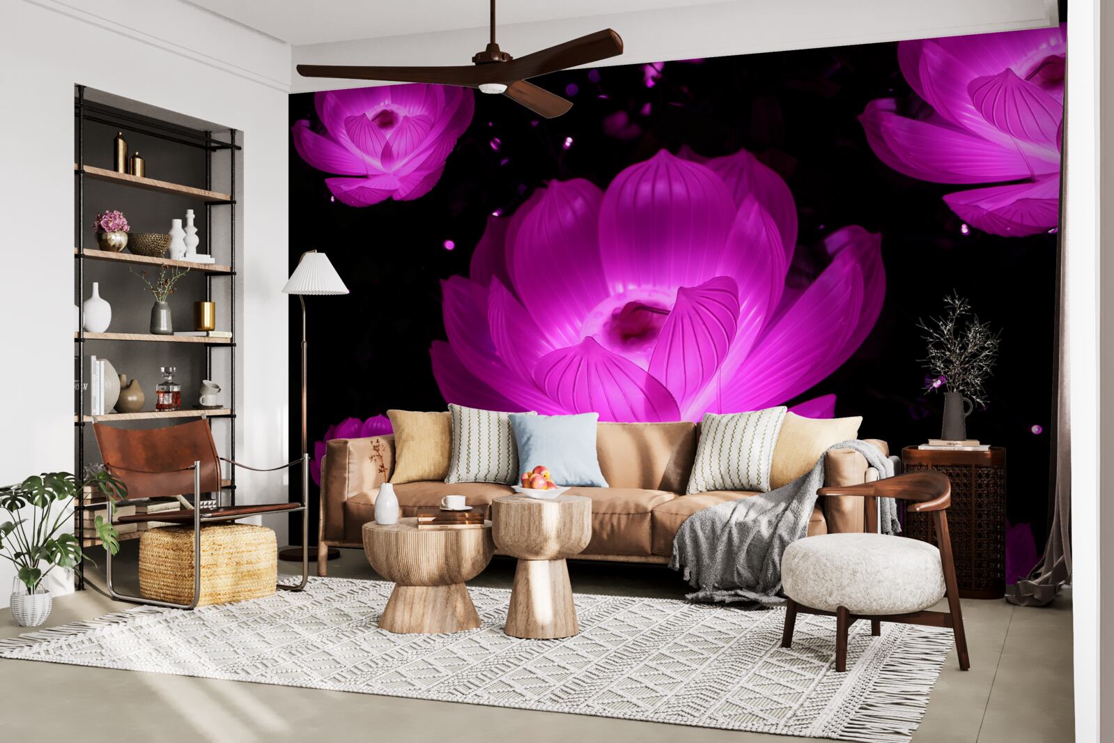 Fotobehang paarse bloemen in neonlicht