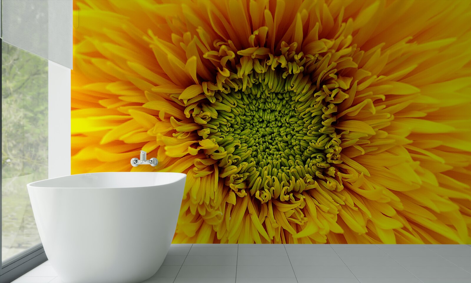 Fotobehang bloem met een groen hart, felgeel geverfd