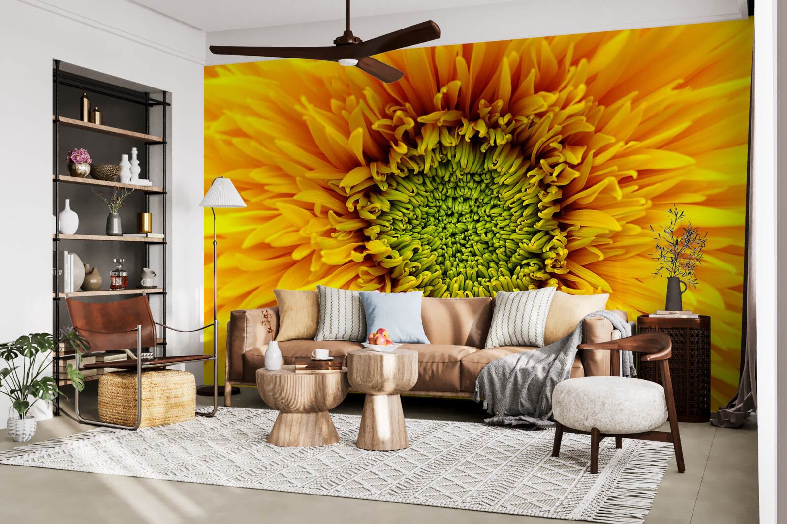 Fotobehang bloem met een groen hart, felgeel geverfd