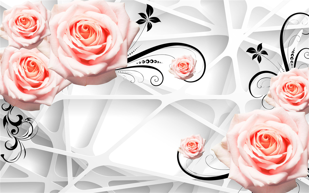 Fotobehang geometrische achtergrond versierd met perzikkleurige rozentakken