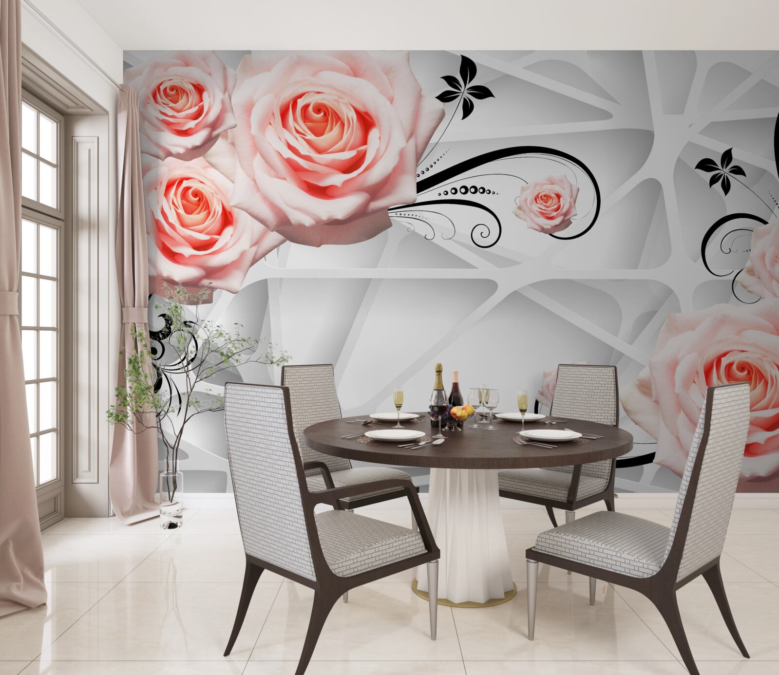 Fotobehang geometrische achtergrond versierd met perzikkleurige rozentakken