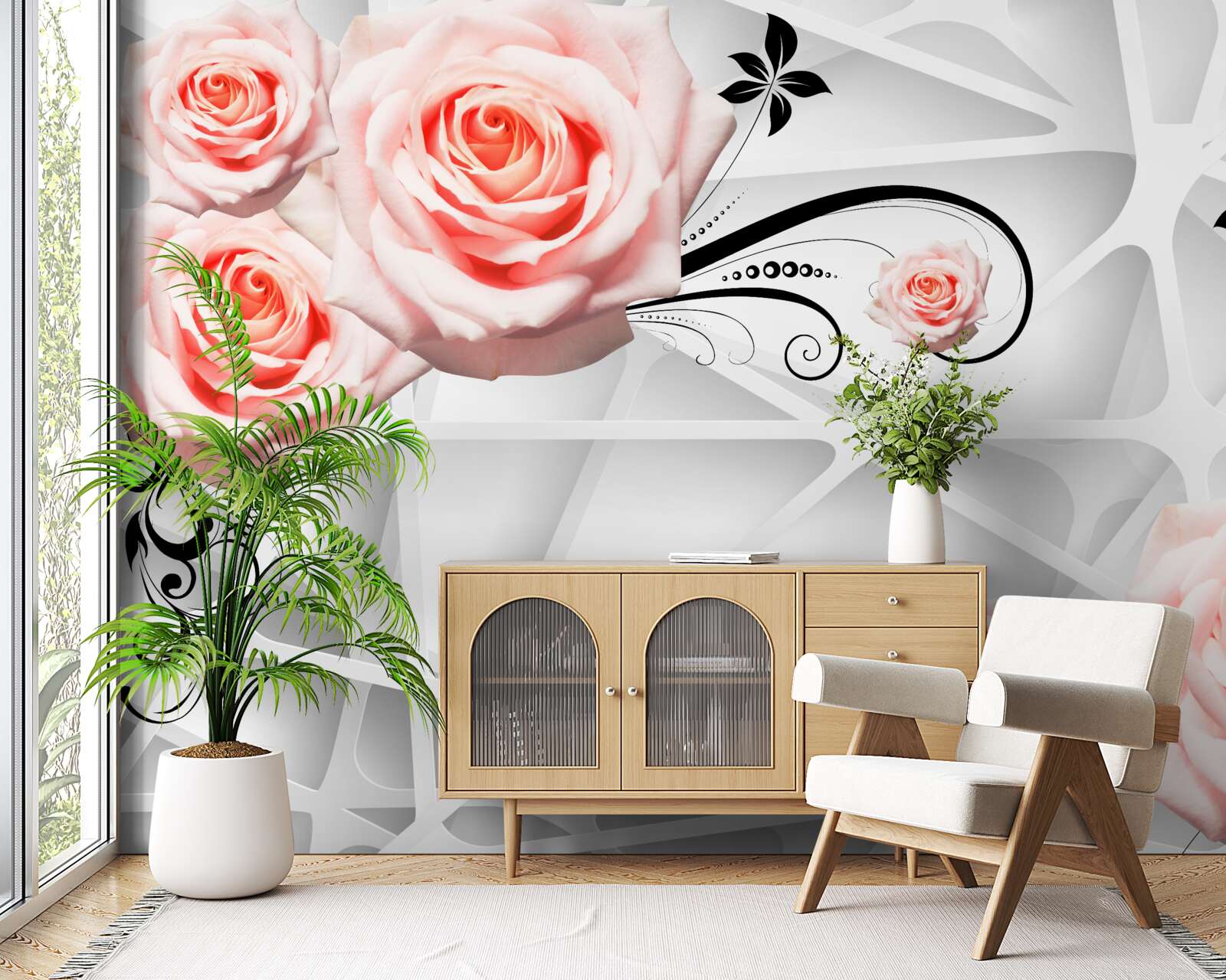 Fotobehang geometrische achtergrond versierd met perzikkleurige rozentakken