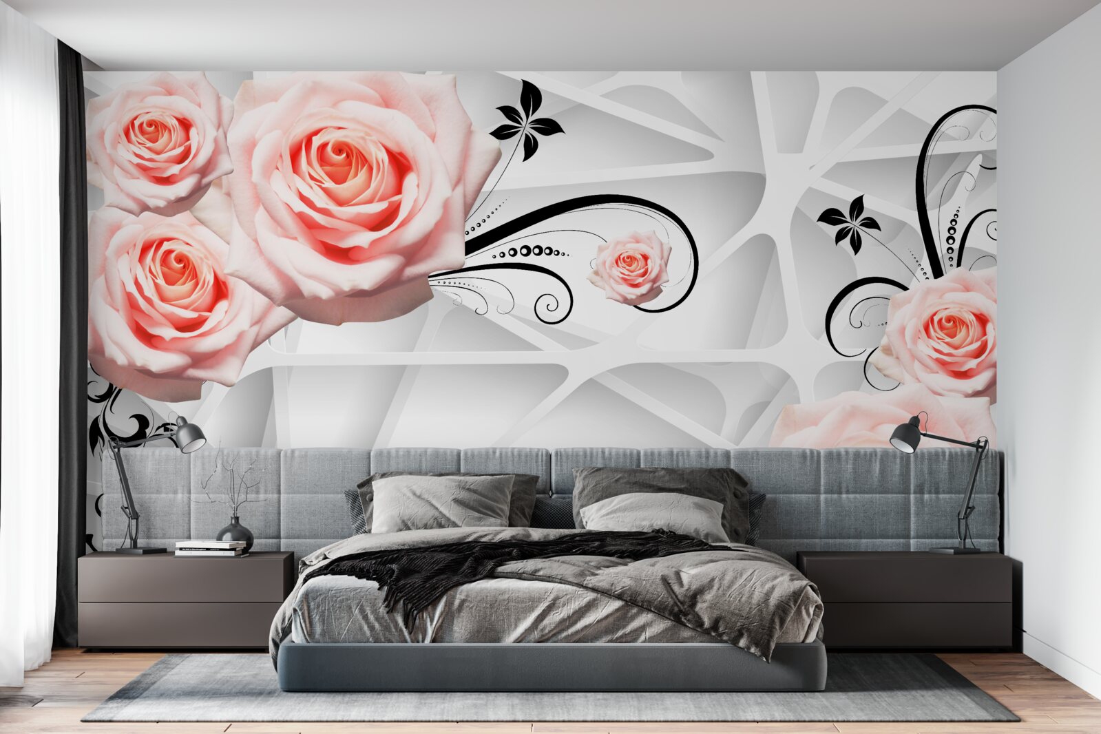 Fotobehang geometrische achtergrond versierd met perzikkleurige rozentakken