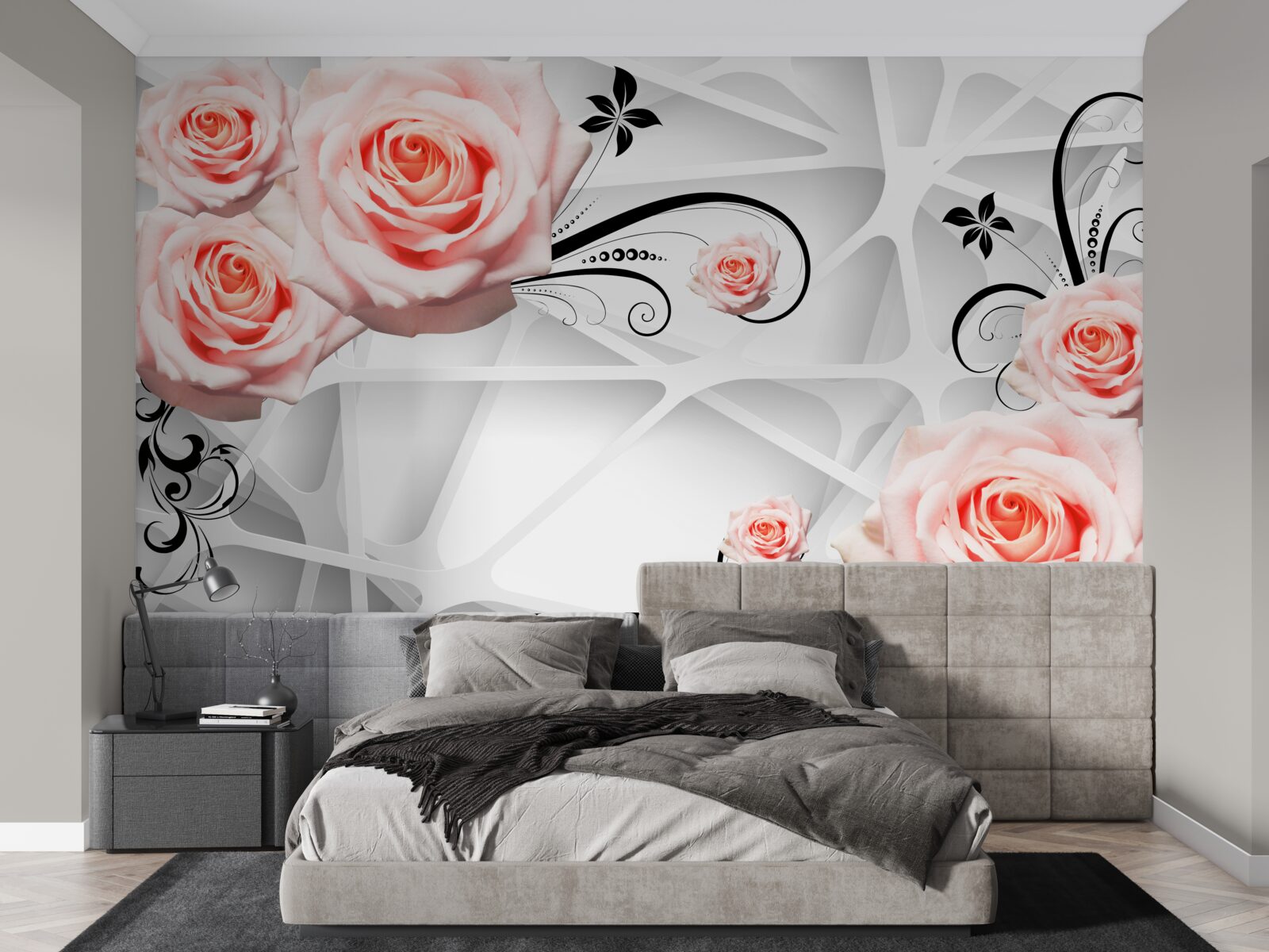 Fotobehang geometrische achtergrond versierd met perzikkleurige rozentakken