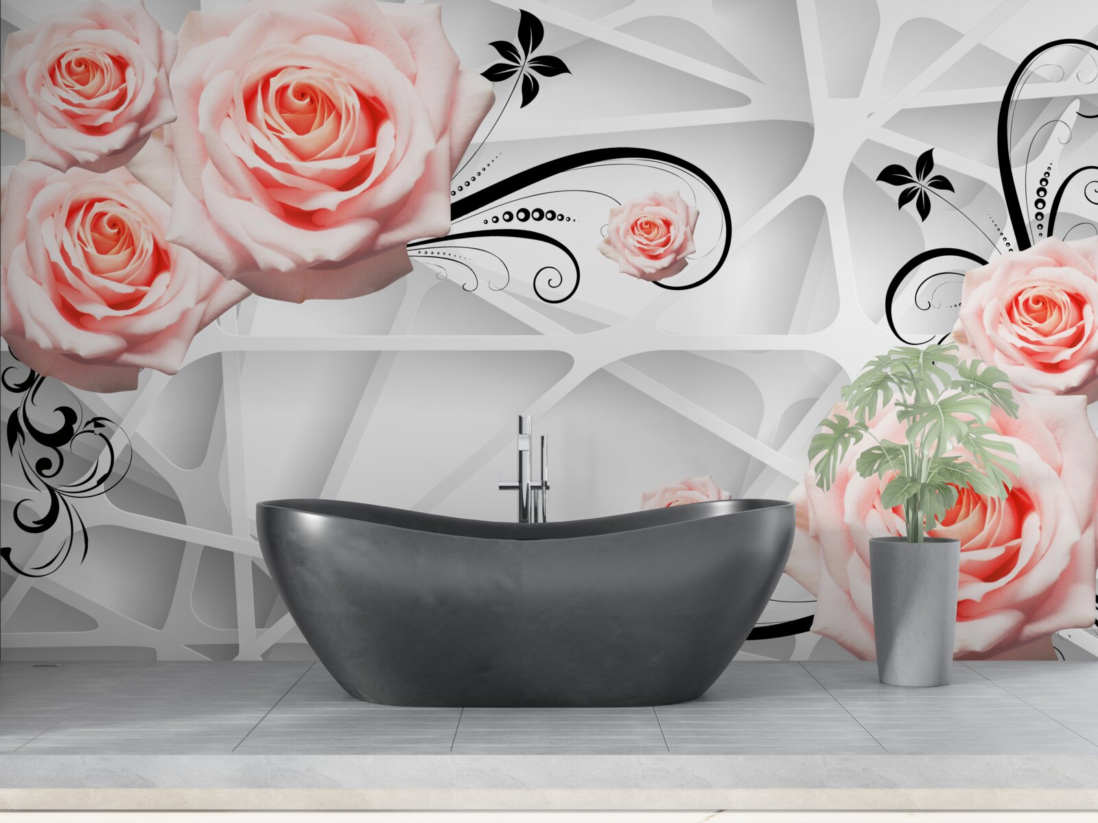 Fotobehang geometrische achtergrond versierd met perzikkleurige rozentakken