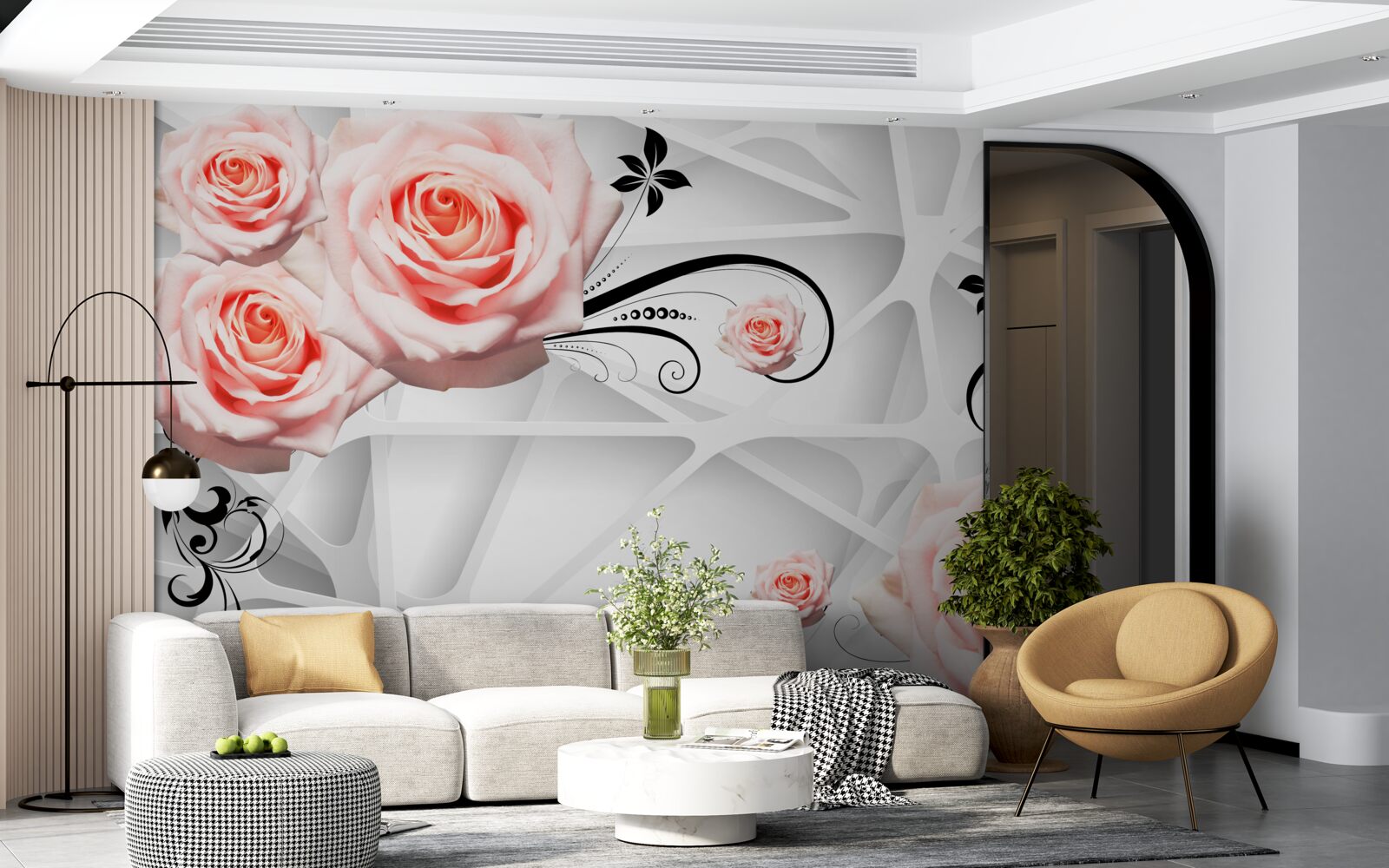 Fotobehang geometrische achtergrond versierd met perzikkleurige rozentakken