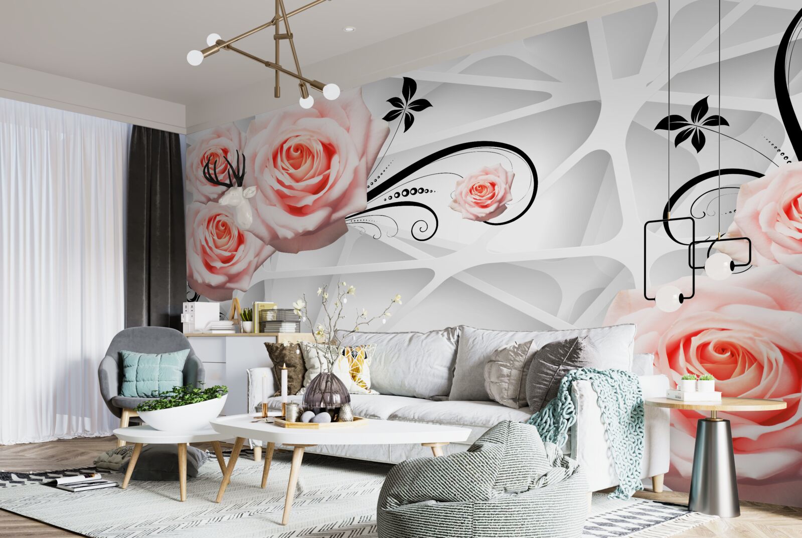 Fotobehang geometrische achtergrond versierd met perzikkleurige rozentakken