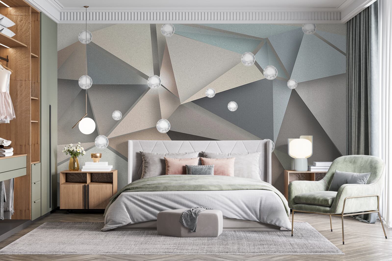 Fotobehang parelmoer op driehoeken in pasteltinten