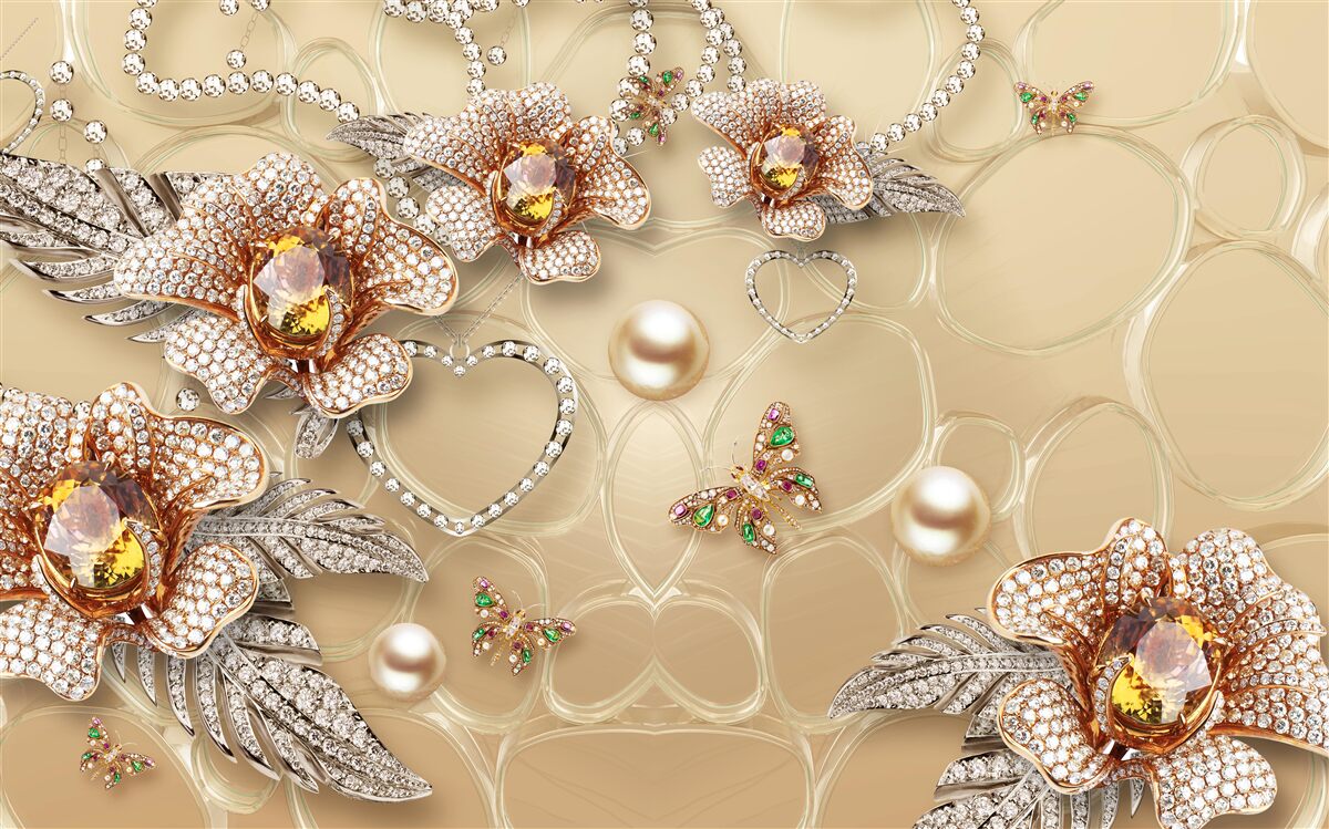 Fotobehang metalen bloemen in wit met parels