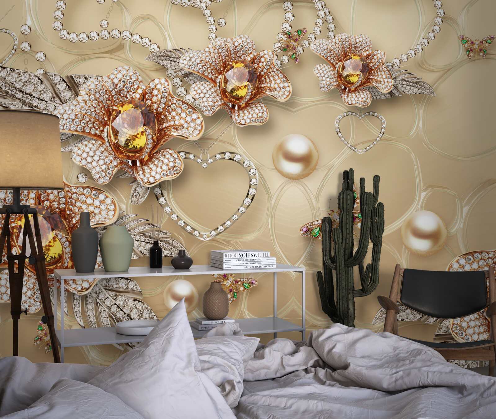 Fotobehang metalen bloemen in wit met parels