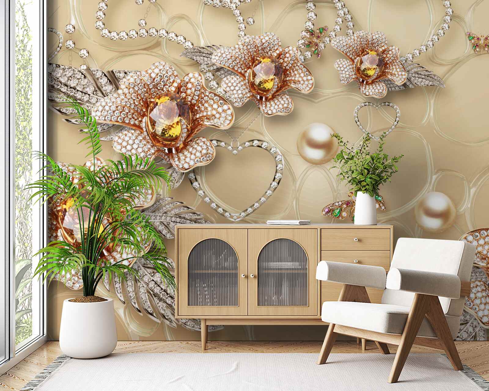 Fotobehang metalen bloemen in wit met parels