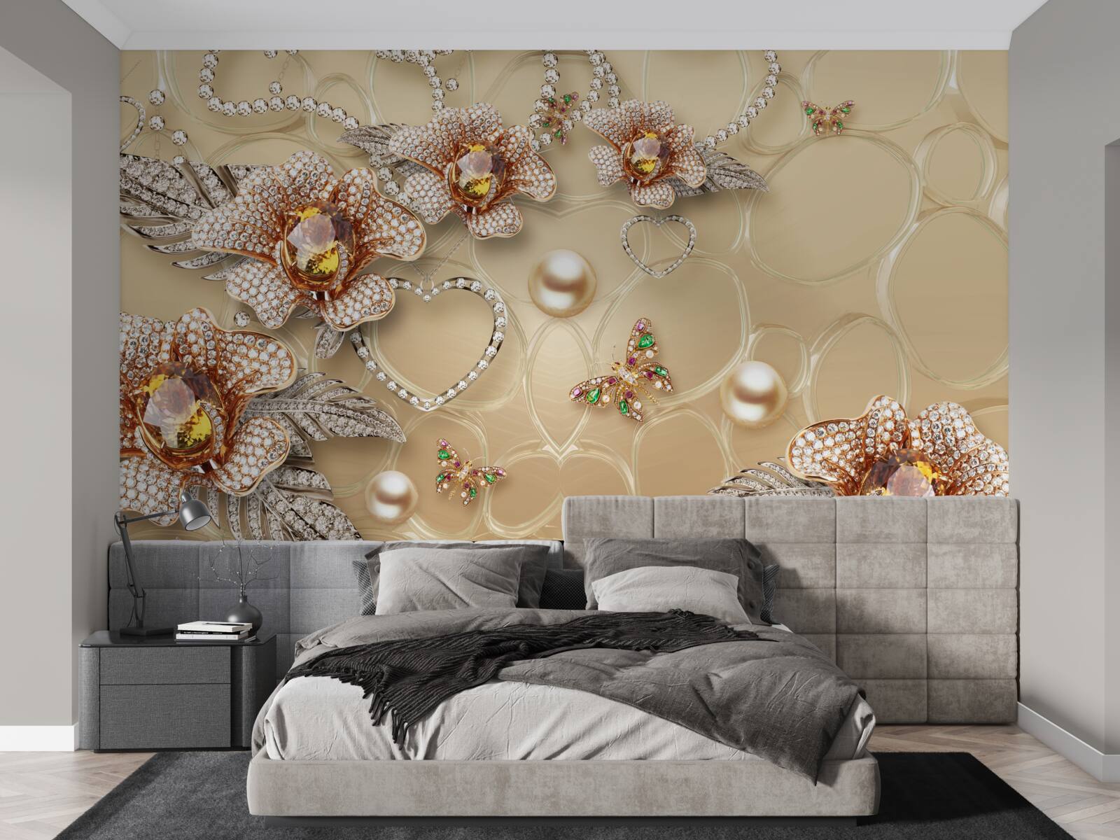 Fotobehang metalen bloemen in wit met parels