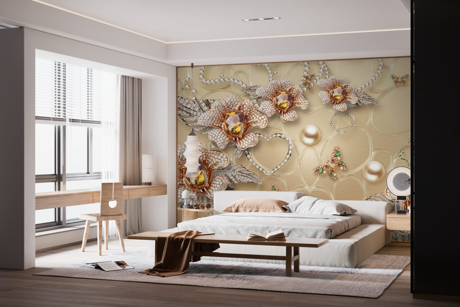 Fotobehang metalen bloemen in wit met parels